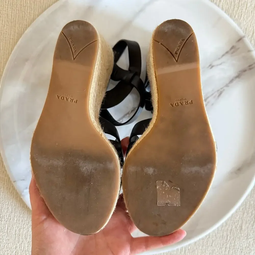 Prada Leather Wedge Espadrilles Black Beige Size 36.5
